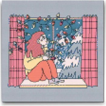 Diamantové malování Diamantové malování - Ilustrace - Káva u okna Velikost: 30x30cm, Rámování: Pouze srolované plátno, Diamanty: Kulaté