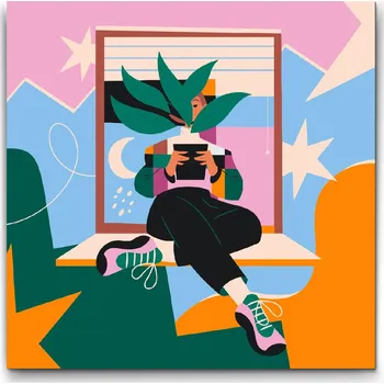 Malování podle čísel - Ilustrace - Slečna u okna Velikost: 30x30cm, Rámování: Pouze srolované plátno