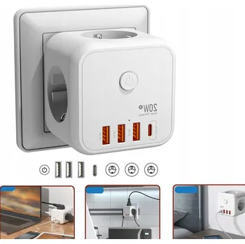 Elektrická zásuvka Zásuvka Rozbočka 4x Schuko + 3x USB-A, 1x USB-C