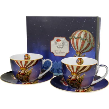 DUO Gifts DG - Vánoční porcelanové šálky s podšálkem SANTA BALLOON v dárkovém balení 2 ks - 280 ml