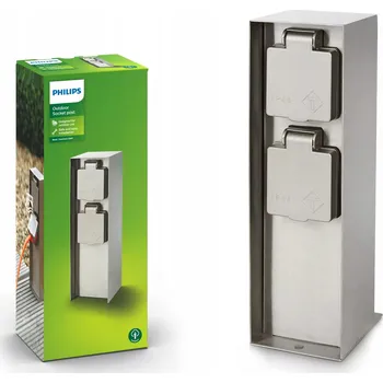 Elektrická zásuvka Philips Elektrický Zahradní Sloupek 23cm 2x Zásuvka 230V IP44 Vzhled Kamene Stříbrná