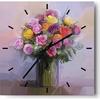 Hodiny Nástěnné hodiny do kuchyně 30x30 Květiny Váza Stylové hodiny na skle Tiché