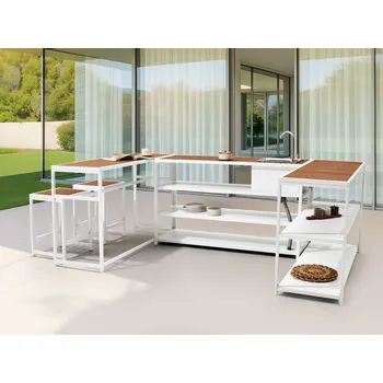 Zahradní nábytek 6dílná venkovní kuchyňská souprava bílá hnědá 2místný barový stůl stoličky police s dřezem jednopáková baterie moderní styl Beliani