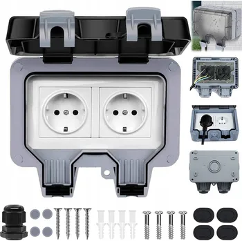 Elektrická zásuvka Dvojitá elektrická zásuvka šedá vodotěsná nástěnná