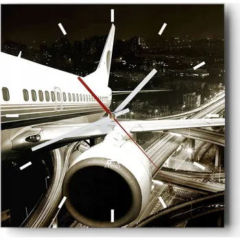 Hodiny Nástěnné hodiny do kuchyně 30x30 Letadlo Stylové hodiny na skle Loft Tiché