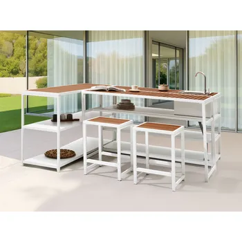 Zahradní nábytek Venkovní kuchyňský regál bílý hnědý ocelový 150 x 50 x 90 cm 2 police zahrada kuchyň jídelna Beliani