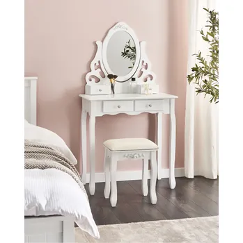 Toaletní stolek Toaletní stolek bílý 4 zásuvky oválné zrcadlo pro ložnici styl glamour Beliani