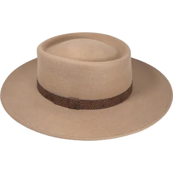 Klobouk Fiebig - Headwear since 1903 Dámský klobouk vlněný od Fiebig s širší krempou - béžový s hnědou koženou stuhou Velikost: 59 cm (L)