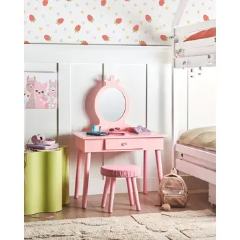 Toaletní stolek Dětský toaletní stolek se zrcadlem a stoličkou růžový MDF se zásuvkou nábytek do dětského pokoje Beliani