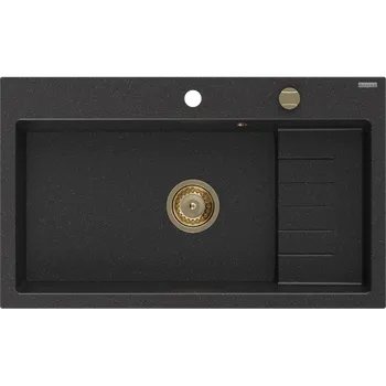 Granitový dřez Mexen Omar kuchyňský dřez z granitu, 1-komorový 800 x 480 mm, černý/stříbrný metalický, sifon zlatý - 6520801005-73-G Granitové dřezy