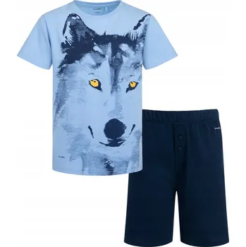 Dětská móda Chlapecké pyžamo 100% Bavlna Krátký rukáv modré pyžamo 134 Vlk ENDO Modrá 134