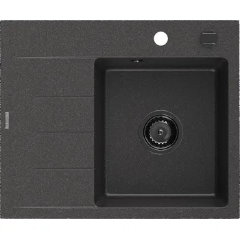 Granitový dřez Mexen Ben granitový dřez s jednou vaničkou a odkapávačem, pravý 600 x 500 mm, černý se skvrnami, černý sifon Granitové dřezy