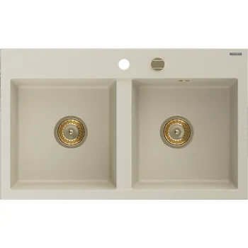 Granitový dřez Mexen Hektor žulový dřez 2-komorový 800 x 480 mm, béžový, sifon zlatý - 6521802000-69-G Granitové dřezy
