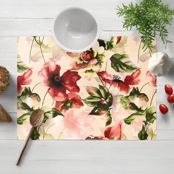 prostírání Sametové prostírání na stůl Tamara TMR-051 Abstraktní červené květiny na žlutobéžovém 30x40 cm