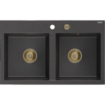 Granitový dřez Mexen Hektor granitový dřez 2-komorový 800 x 480 mm, černý tečkovaný, sifon zlatý - 6521802000-76-G Granitové dřezy