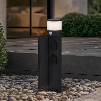 Venkovní osvětlení Podstavná lampa Lucande Corban, šedá, senzor, zásuvky, IP44 antracit 1 x 8 W LED - Doprava zdarma