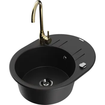 Granitový dřez Mexen Kevin granitový dřez 1-komorový s odkapávačem a kuchyňskou baterií Telma, černý - 6517-77-670200-50-B Granitové dřezy s baterií