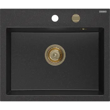 Granitový dřez Mexen Oscar granitový dřez 1-komorový 580 x 490 mm, černý/stříbrný metalik, sifon zlatý - 6519581000-73-G Granitové dřezy