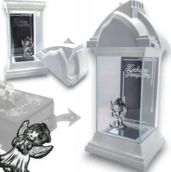 Smuteční dekorace Lucerna skleněný na hrob nápis Milujeme Vzpomínáme na Stříbrný anděl bílý 31 cm