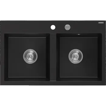 Granitový dřez Mexen Hektor dvoukomorový granitový dřez 800 x 480 mm, černý, sifon chrom - 6521802000-77 Granitové dřezy