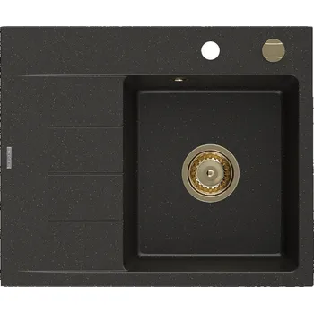 Granitový dřez Mexen Ben granitový dřez 1-komorový s odkapávačem, pravý 600 x 500 mm, černý/zlatý metalik, sifon zlatý Granitové dřezy