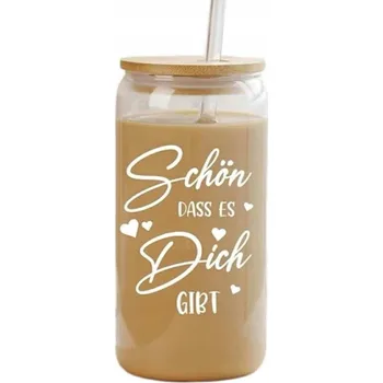 Skleněný hrnek s dřevěným víčkem a brčkem 500ml s německým nápisem