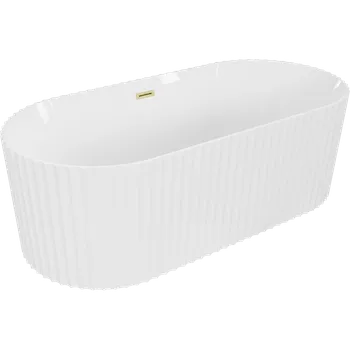 Vana Mexen Paola volně stojící vana rýhovaná 150 x 75 cm, bílý lesk, zlatý kartáčovaný přepad - 52721507500-55 Volně stojící vany