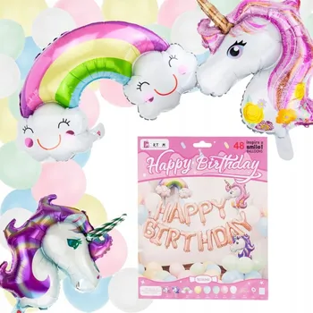 Balónková girlanda s jednorožcem a duhovým motivem s nápis Happy Birthday