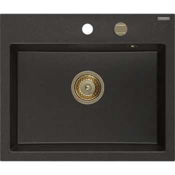 Granitový dřez Mexen Oscar granitový dřez 1-komorový 580 x 490 mm, černý/zlatý metalik, sifon zlatý - 6519581000-75-G Granitové dřezy