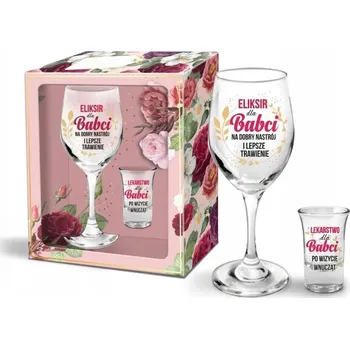 Sklenice Dárkový set - Elixír pro babičku: sklenice na víno a panáky 220 ml 35 ml 2 