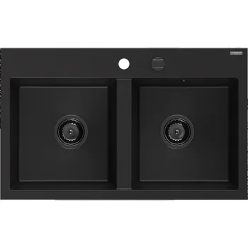 Granitový dřez Mexen Hektor žulový dřez 2-komorový 800 x 480 mm, černý, sifon černý - 6521802000-77-B Granitové dřezy