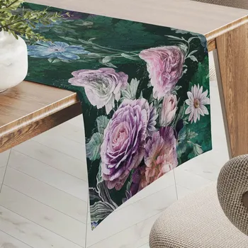 ubrus Dekorační běhoun na stůl Parma PM-114 Fialové květy na tmavě zeleném 20x120 cm