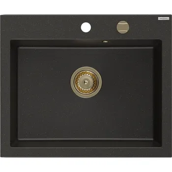 Granitový dřez Mexen Elix granitový dřez 1-komorový 600 x 500 mm, černý/zlatý metalický, zlatý sifon - 6525601005-75-G Granitové dřezy