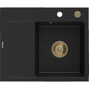 Granitový dřez Mexen Ben granitový dřez s jednou komorou a odkapávačem, pravý 600 x 500 mm, černý, zlatý sifon - 6523605000-77-G Granitové dřezy