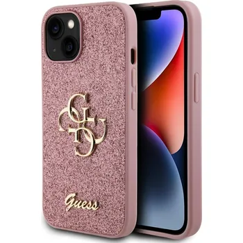 Náhradní díl pro mobilní telefon Guess PU Fixed Glitter 4G Metal Logo zadní kryt pro iPhone 15 Pink