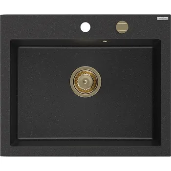 Granitový dřez Mexen Elix granitový dřez 1-komorový 600 x 500 mm, černý/stříbrný metalik, sifon zlatý - 6525601005-73-G Granitové dřezy