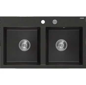 Granitový dřez Mexen Hektor granitový dřez s 2 komorami 800 x 480 mm, černý/zlatý metalik, chromový sifon - 6521802000-75 Granitové dřezy