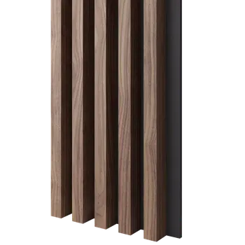 Obklad Lamele 3D Dřevěné lamely ŠIROKÉ na ČERNÉ desce (MDF), OŘECH DÝHA, 46 x 300 x 2750 mm (0,825 m2)