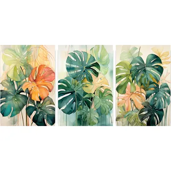 Obraz Plakáty na Zeď Zelené Listy Sada 3 Obrazů do Obýváku Bez Rámu 70x50