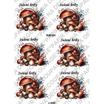 Umělecký papír Rýžový a soft papír na decoupage - Sušené hriby - slovenský nápis - KB03699 Materiál: Rýžový papír, Rozměr: A4