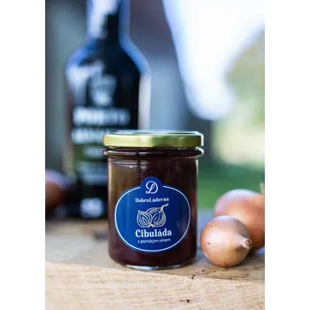 Omáčka Cibuláda - cibulové čatní s portským vínem Dobroládovna Velikost balení: 220 g Tymiánem provoněná, vhodná k paštikám, zralým sýrům a steakům