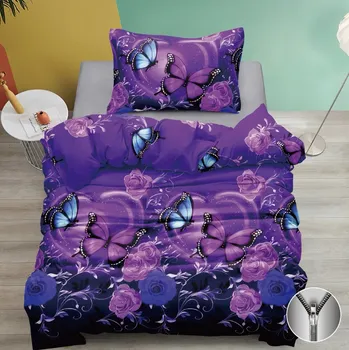 Povlečení Textilomanie Bavlněné povlečení MOTÝLCI A RŮŽE fialové 140 x 200, 70 x 90 cm zipový uzávěr