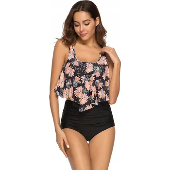 Dámské plavky PLAVKY BIKINI S VYSOKÝM PASEM KVĚTINY XL