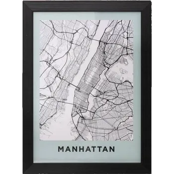 Obraz PLAKÁT V RÁMU MAPA MANHATTAN ČERNÝ RÁM 24x18 CM NÁSTĚNNÁ DEKORACE