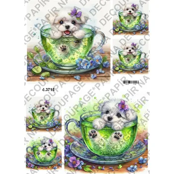 Umělecký papír Rýžový a soft papír na decoupage - Pejsek v hrnku - KB03715 Materiál: Soft, Rozměr: A4