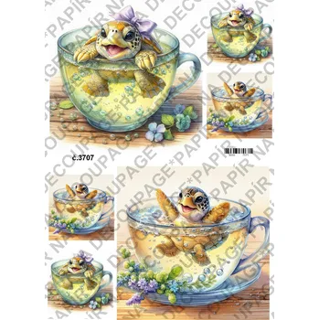 Umělecký papír Rýžový a soft papír na decoupage - Želvička v hrnku - KB03707 Materiál: Soft, Rozměr: A4