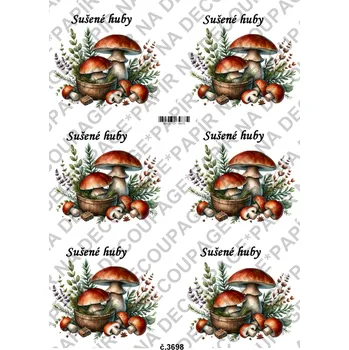 Umělecký papír Rýžový a soft papír na decoupage - Sušené huby - slovenský nápis - KB03698 Materiál: Soft, Rozměr: A4