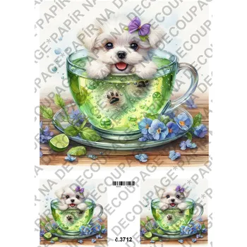 Umělecký papír Rýžový a soft papír na decoupage - Pejsek v hrnku - KB03712 Materiál: Soft, Rozměr: A4