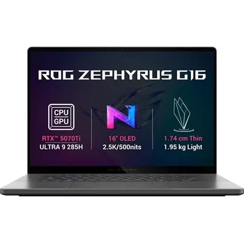 Notebook ASUS NTB ROG Zephyrus G16 (GU605CR-NEBULA168X), Ultra9 285H, 16" 2560x1600, 32GB, 2TB SSD, IntelArc+RTX 5070, W11P, Gray