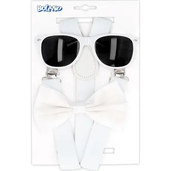 Karnevalový doplněk GoDan Bílá sada- brýle, motýlek a kšandy